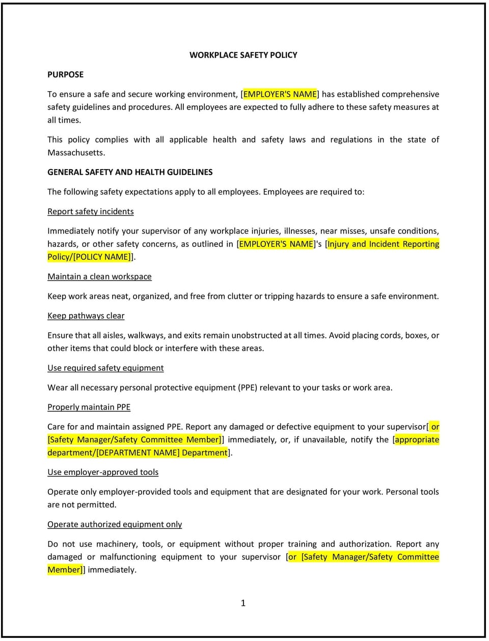 Workplace safety policy (Massachusetts): Free template