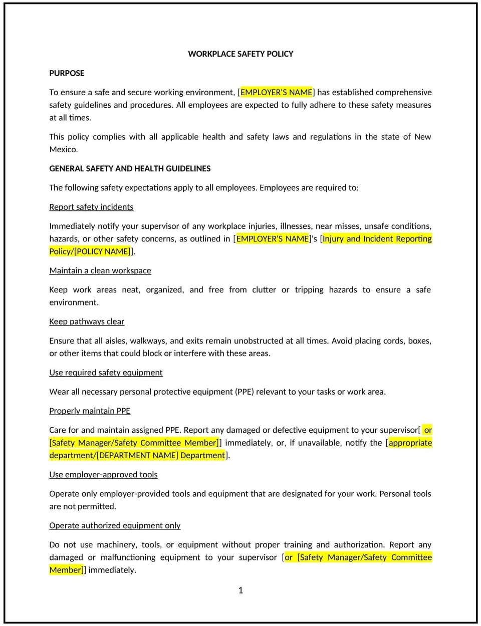Workplace safety policy (New Mexico): Free template