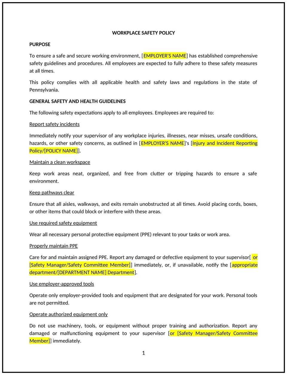 Workplace safety policy (Pennsylvania): Free template