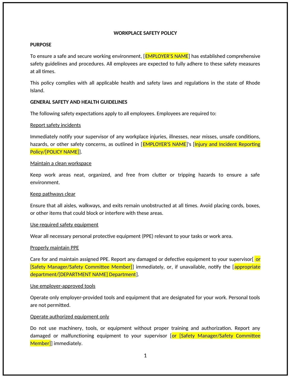 Workplace safety policy (Rhode Island): Free template