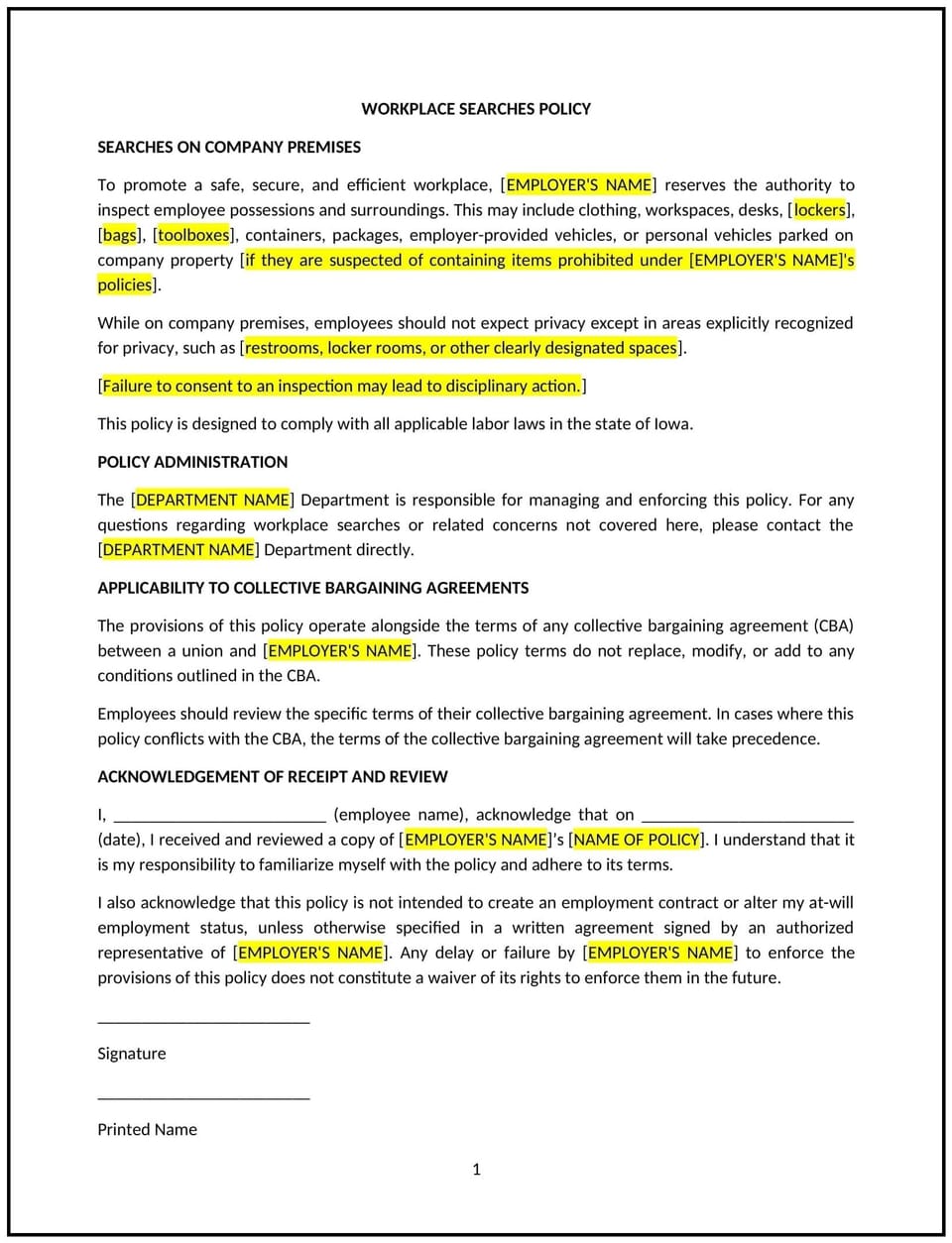 Workplace searches policy (Iowa): Free template
