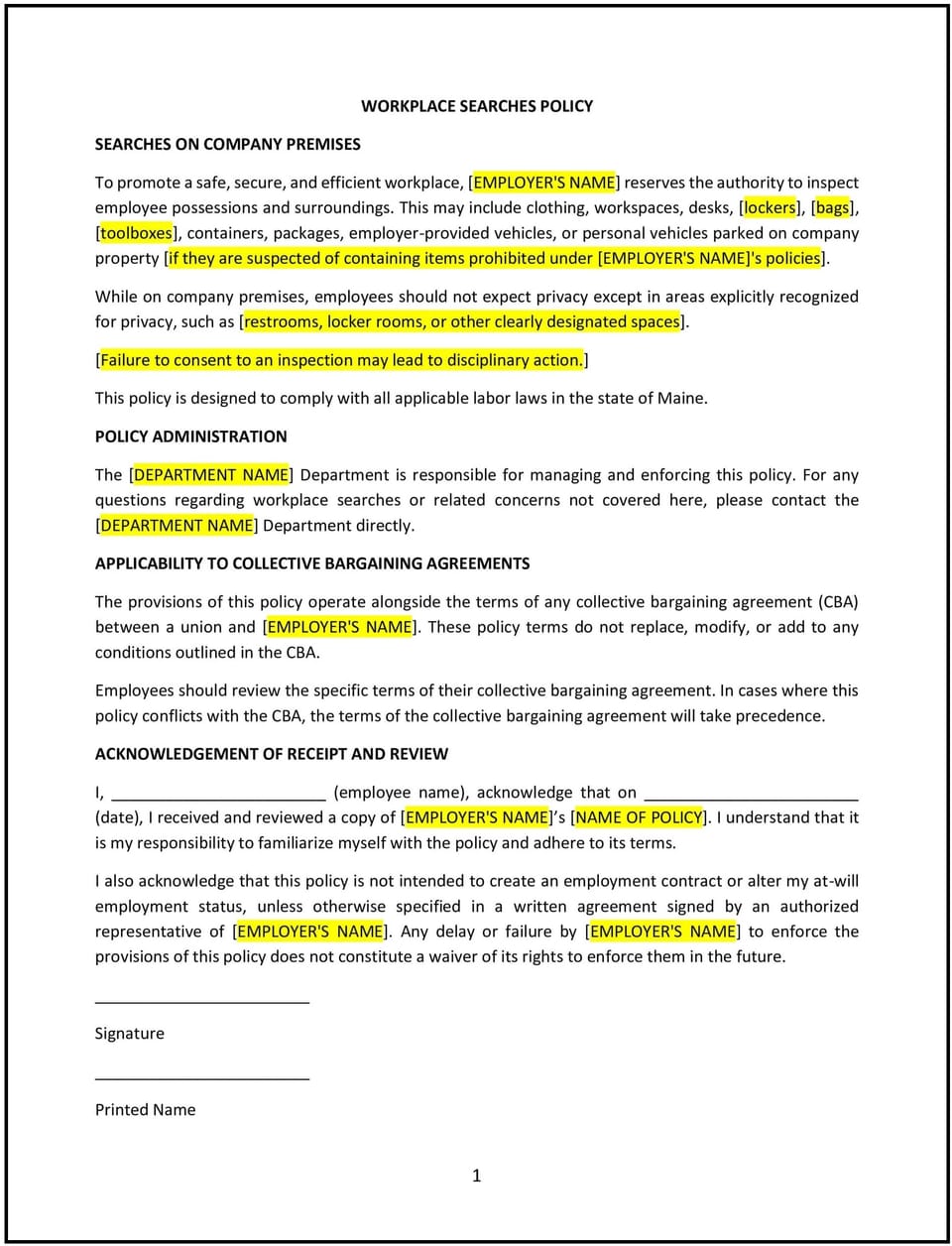 Workplace searches policy (Maine): Free template