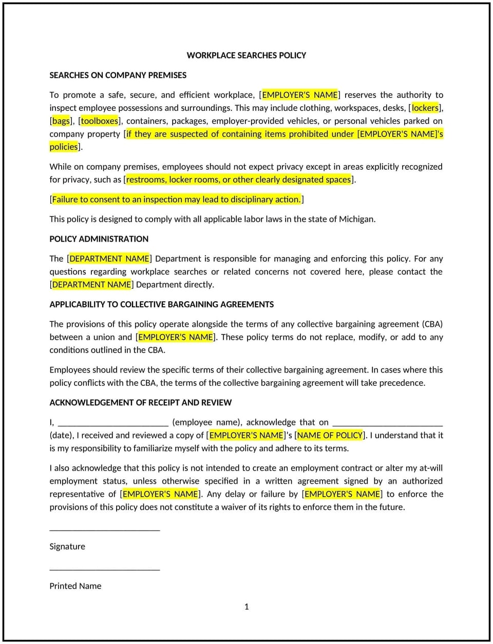 Workplace searches policy (Michigan): Free template