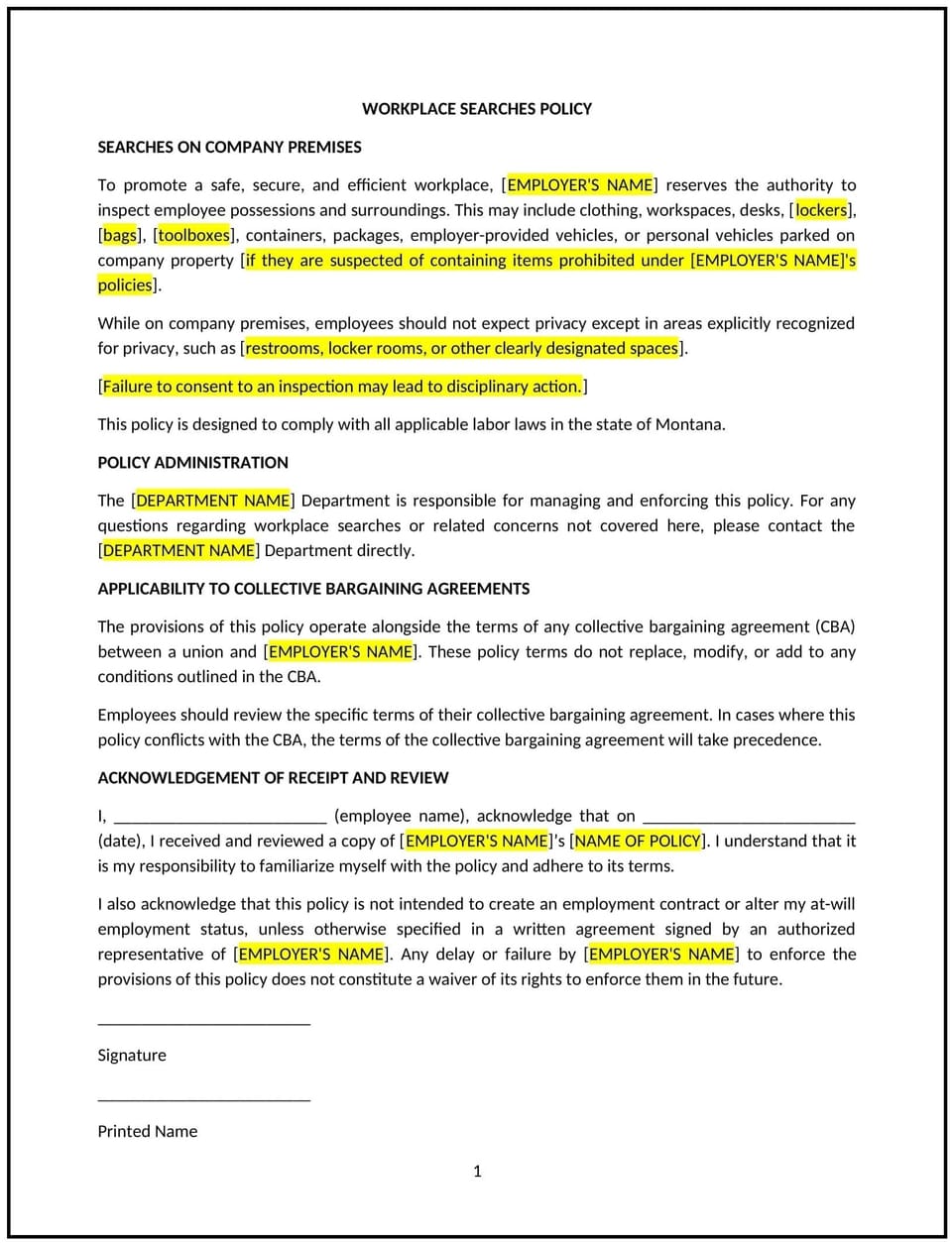 Workplace searches policy (Montana): Free template