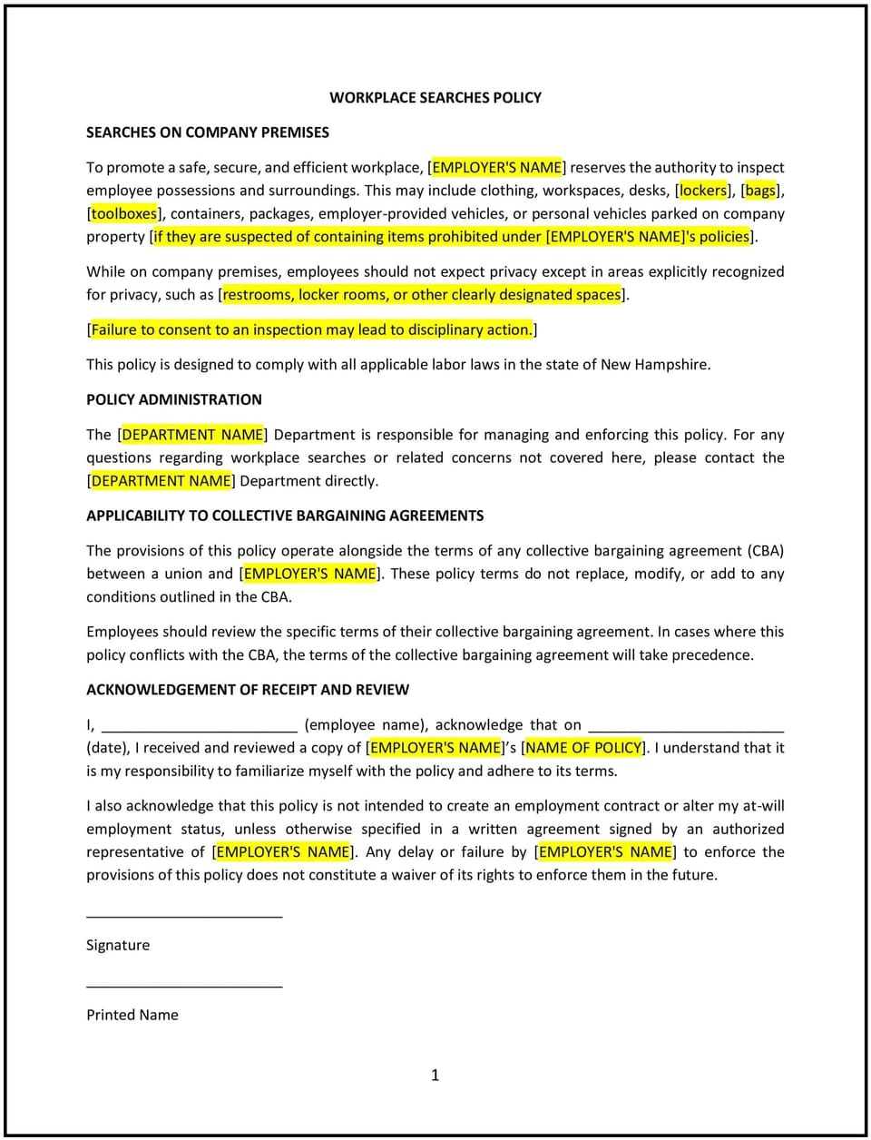 Workplace searches policy (New Hampshire): Free template