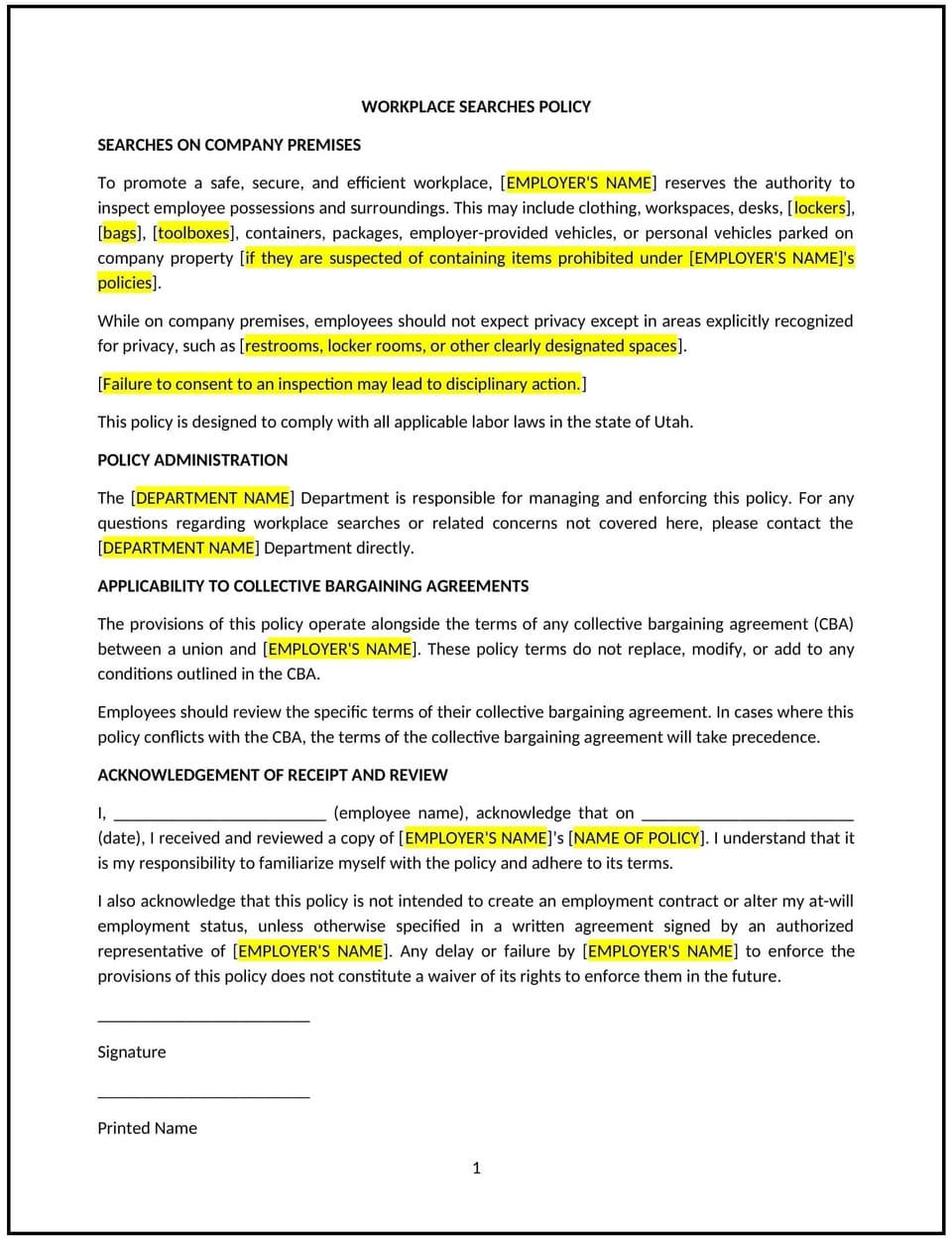 Workplace searches policy (Utah): Free template