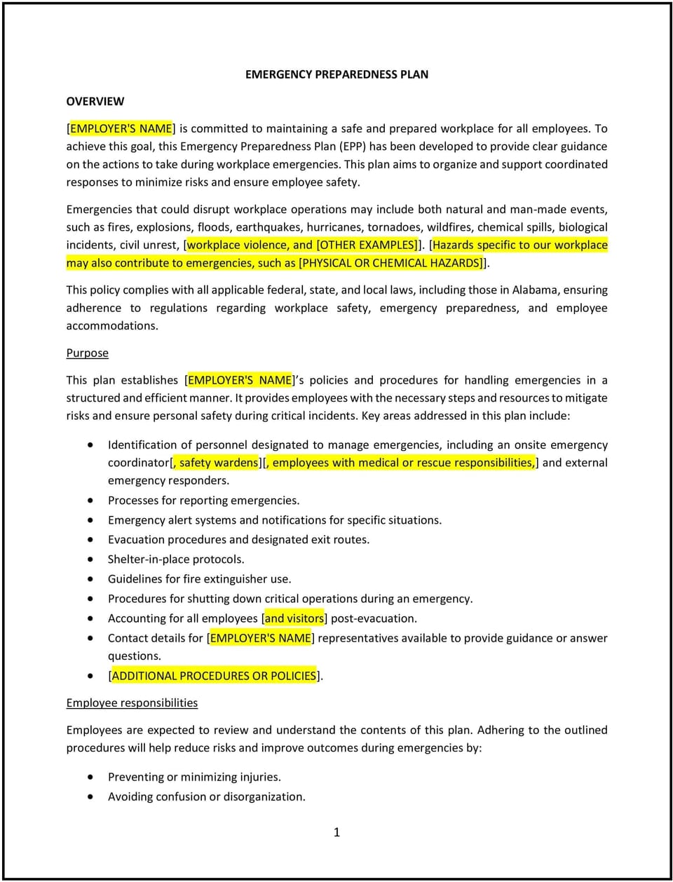 Emergency preparedness plan (Alabama): Free template