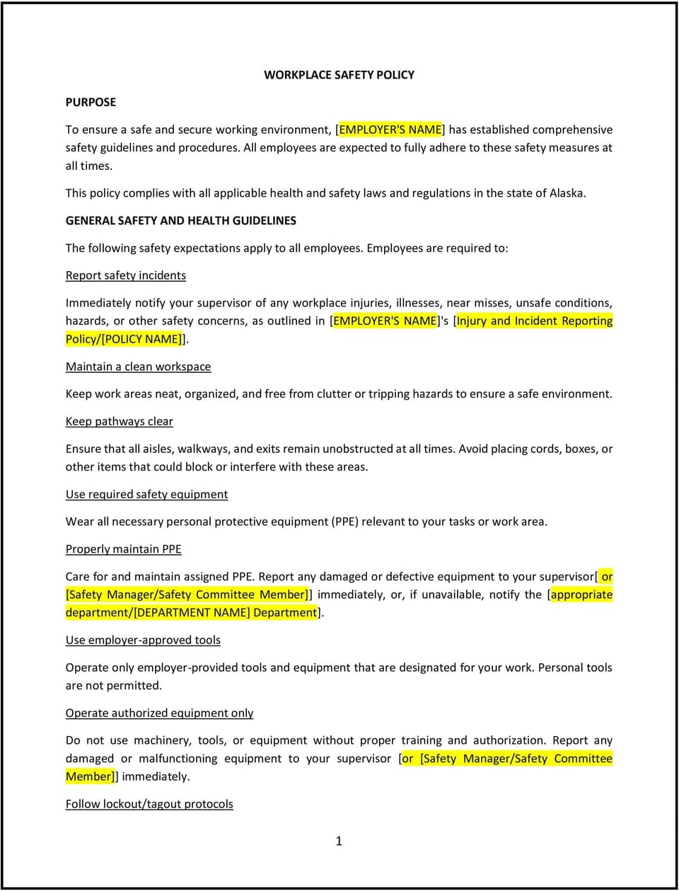 Workplace safety policy (Alaska): Free template