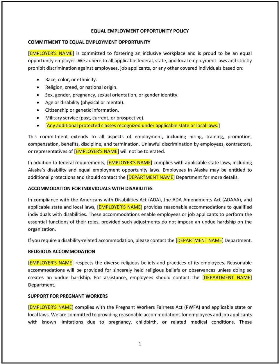 Equal employment opportunity policy (Alaska): Free template