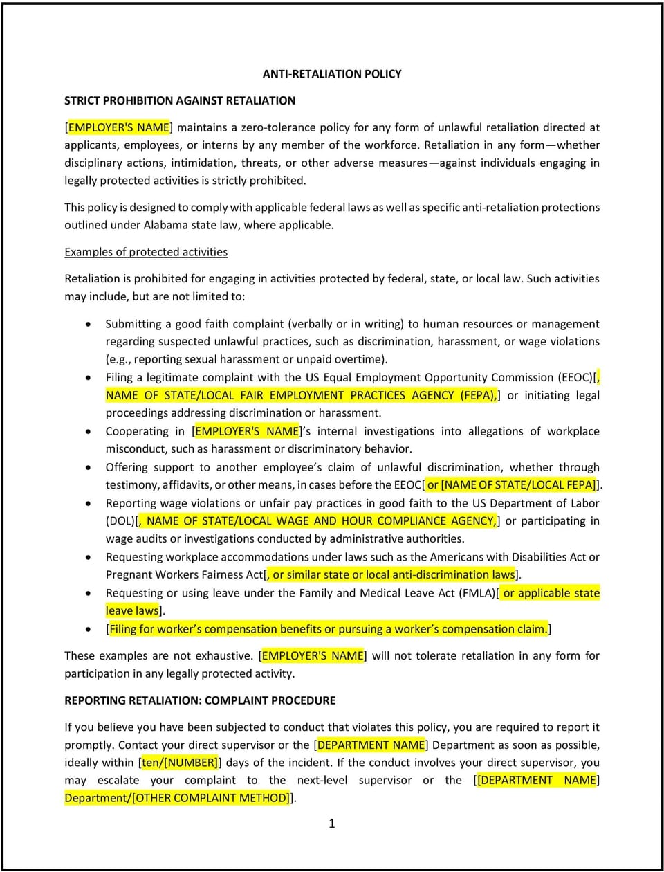 Anti-retaliation policy (Alabama): Free template: