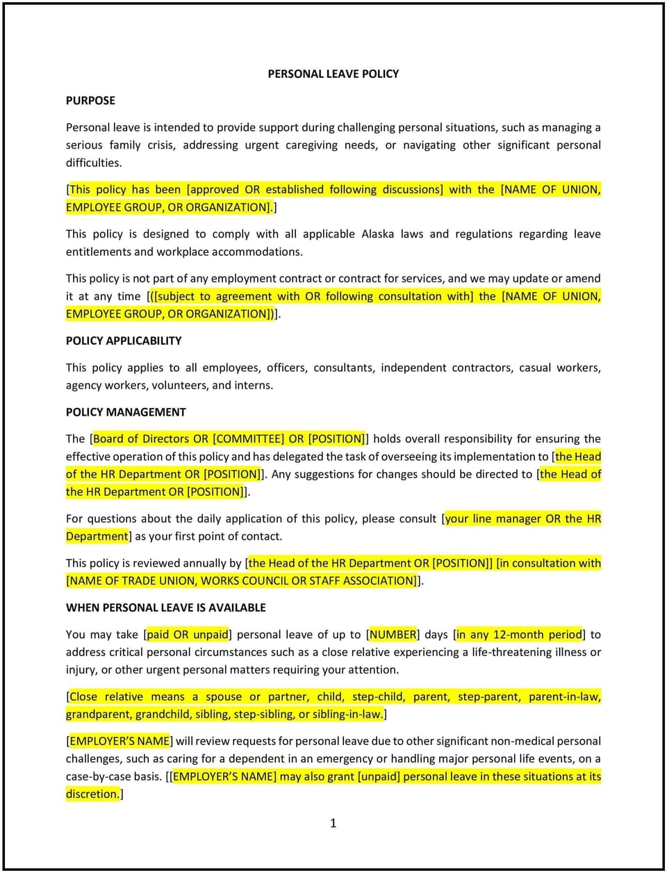 Personal leave policy (Alaska): Free template