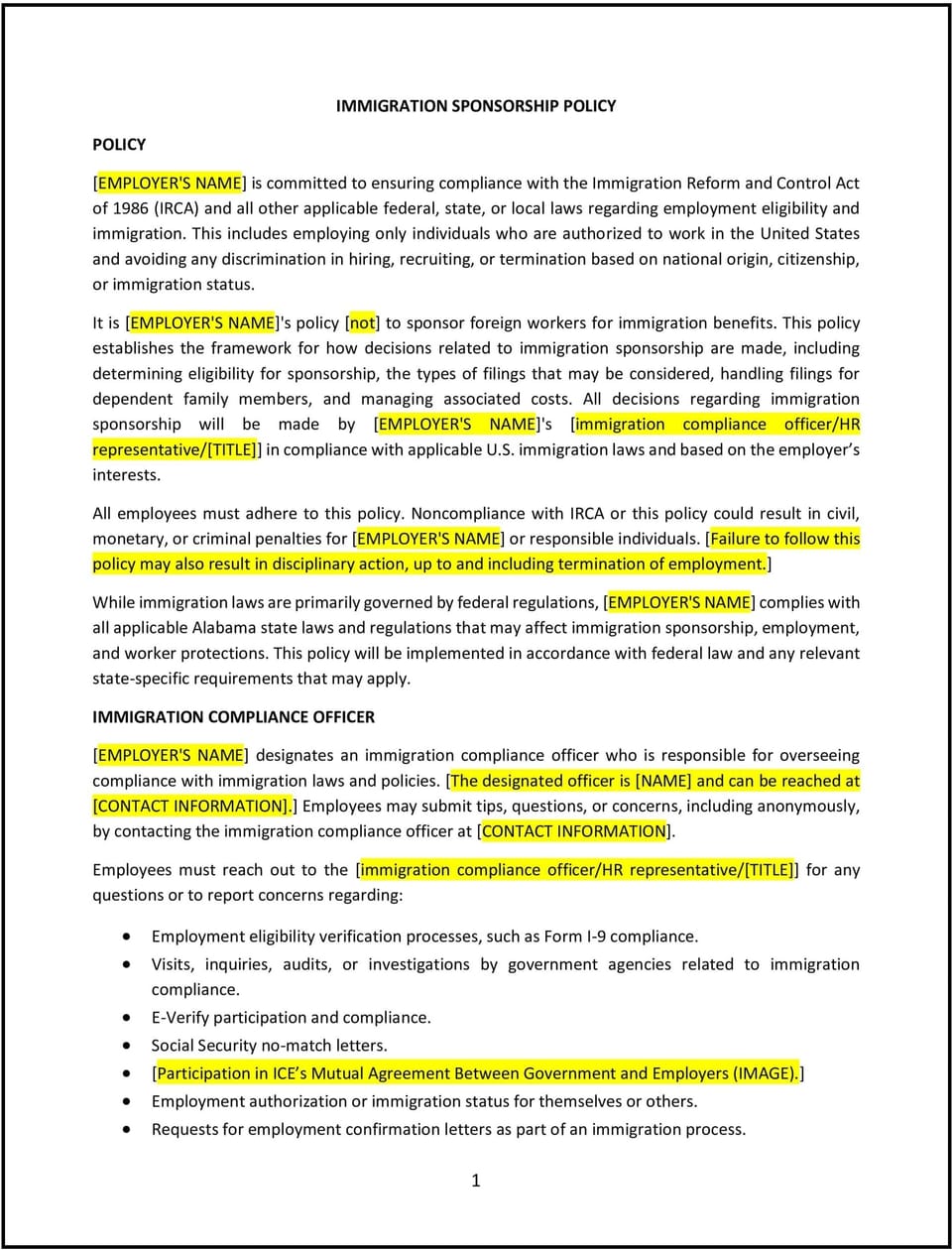 Immigration sponsorship policy (Alabama): Free template