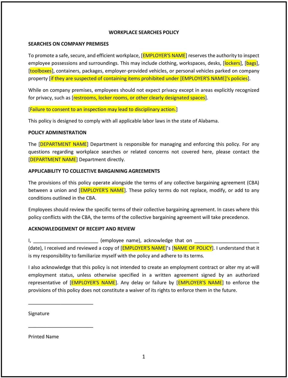 Workplace searches policy (Alabama): Free template