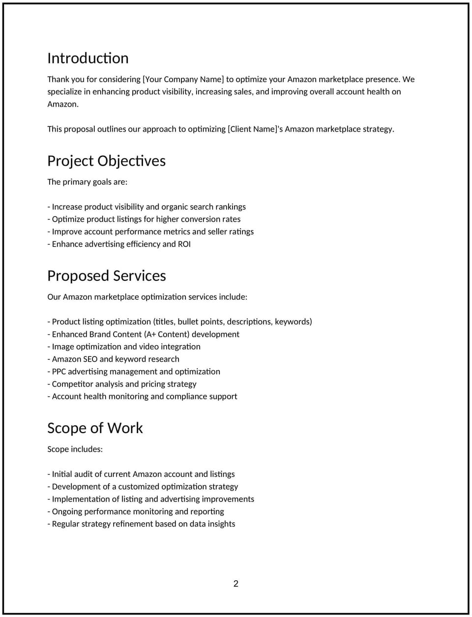 Amazon marketplace optimization proposal: Free template