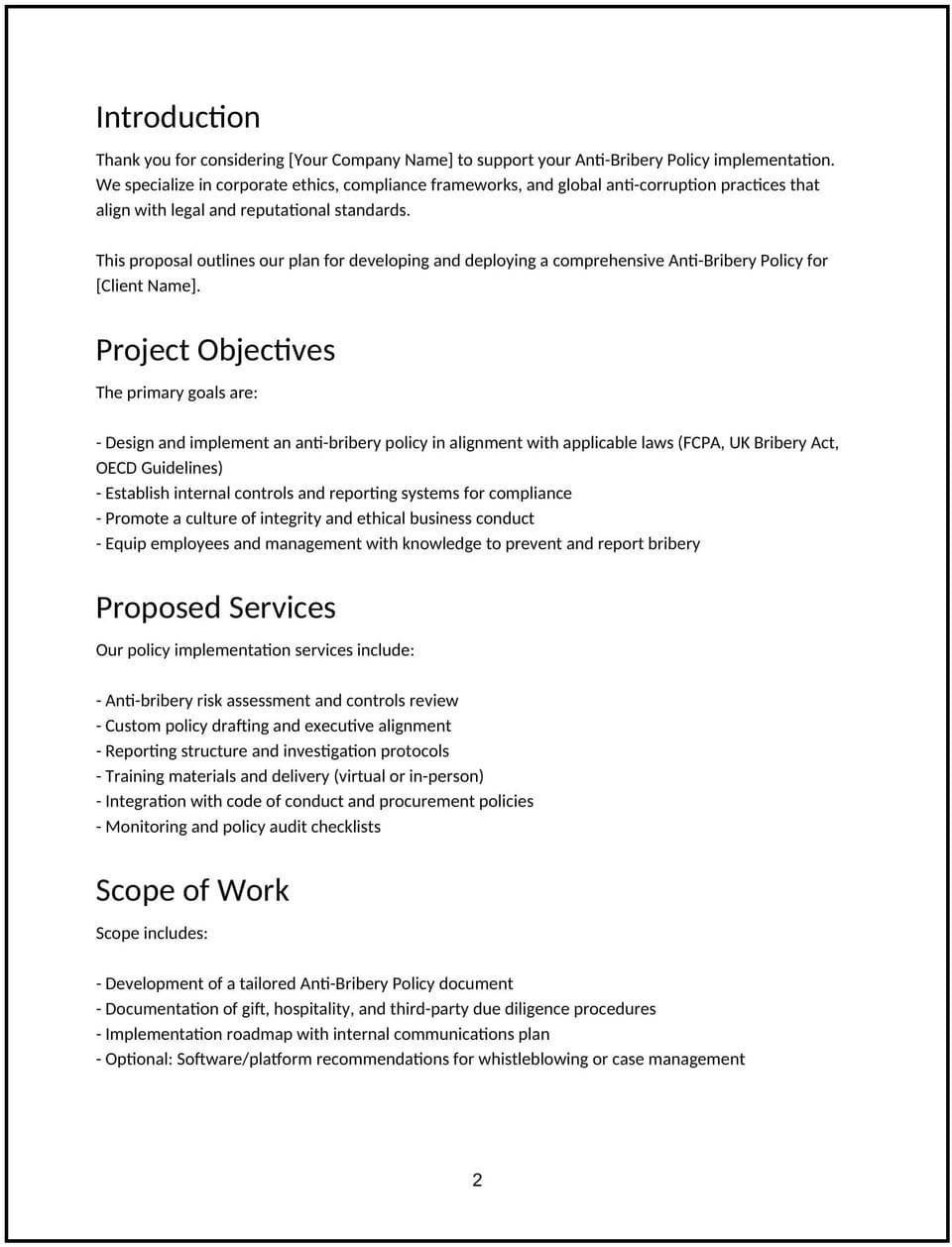 Anti-bribery policy implementation proposal: Free template