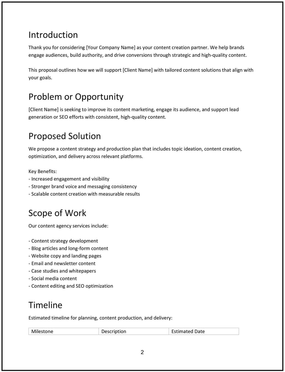 Content agency proposal: Free template