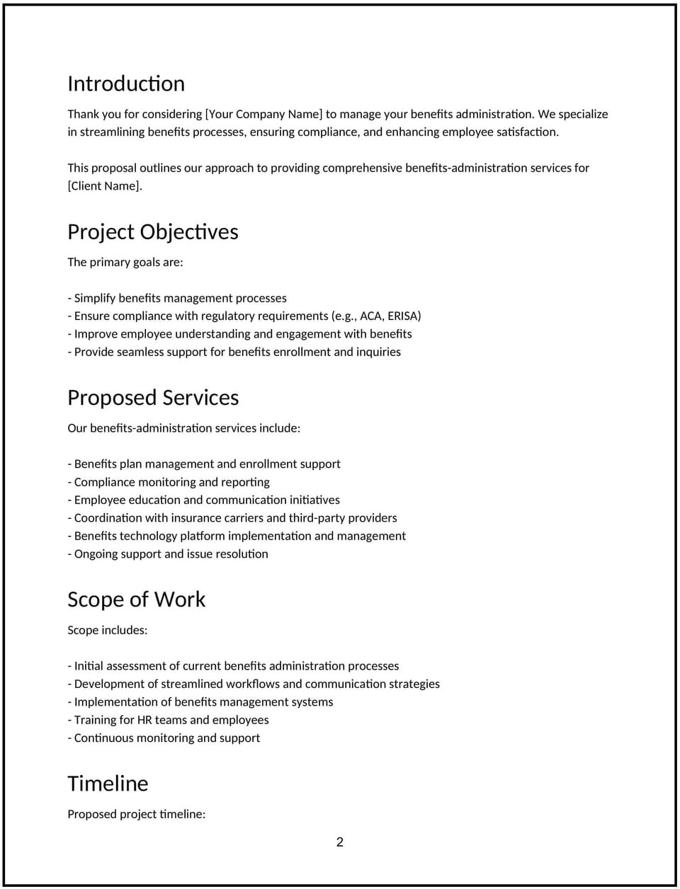 Benefits-administration proposal: Free template