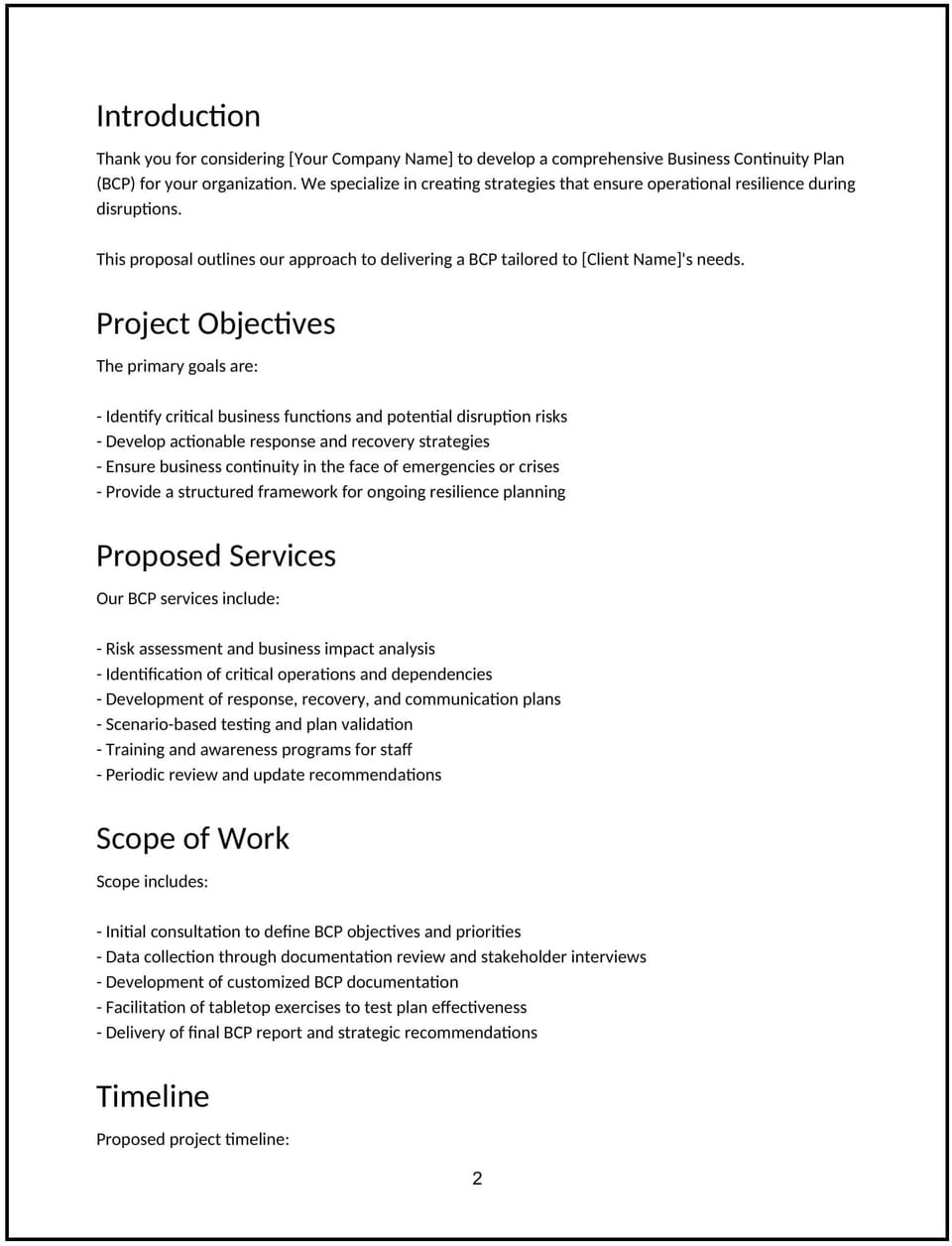 Business continuity planning proposal: Free template