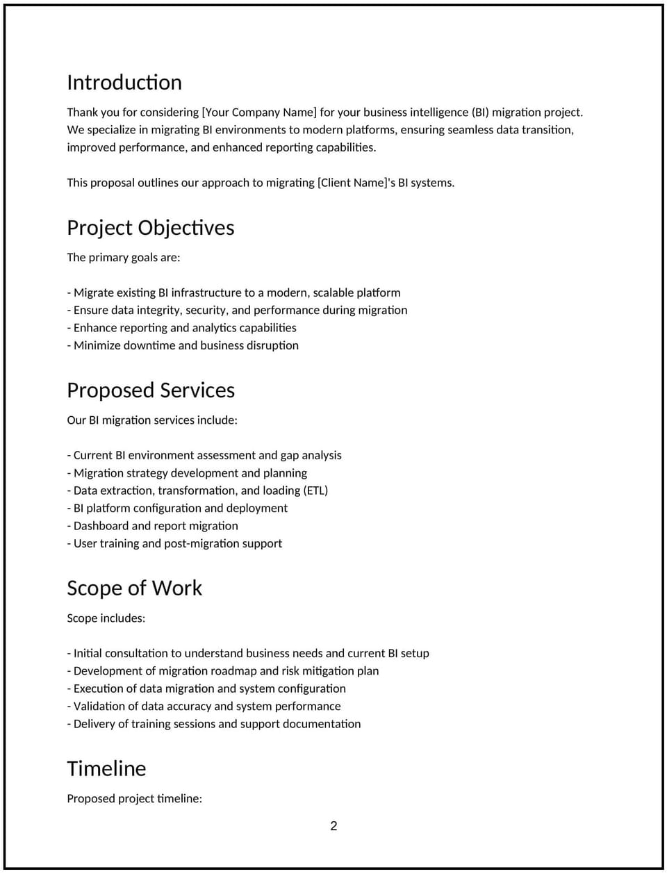 Business intelligence migration proposal: Free template