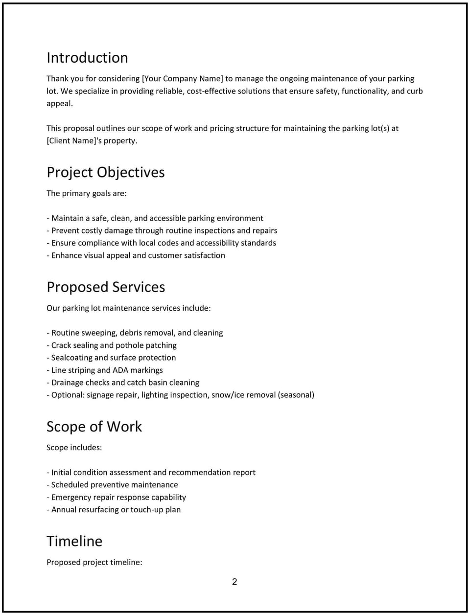 Parking-lot maintenance proposal: Free template