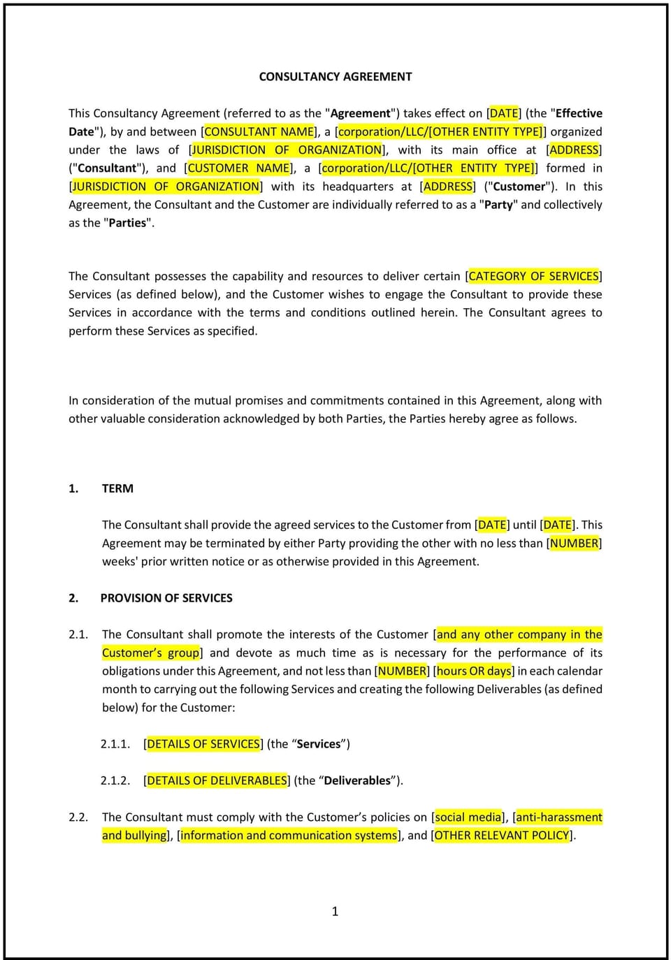 Consultancy Agreement (Pro-Customer) (South Dakota): Free template