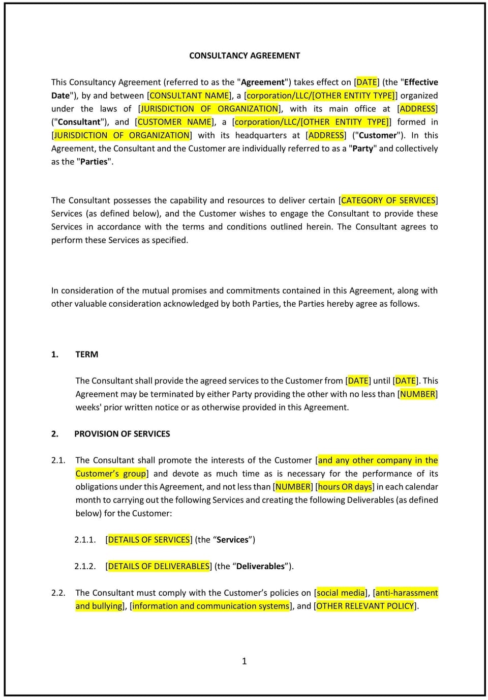 Consultancy Agreement (Pro-Customer) (Tennessee): Free template