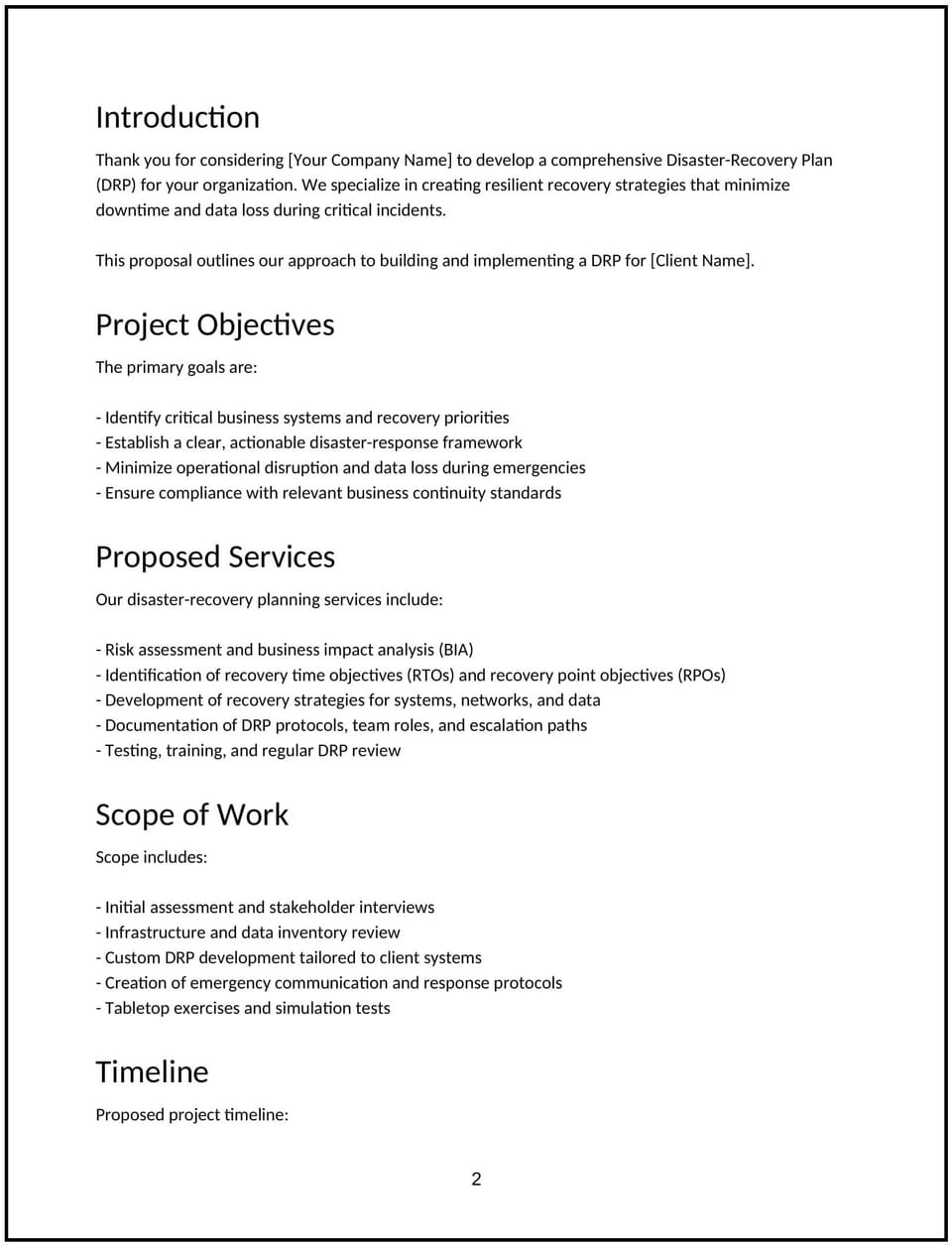 Disaster recovery plan proposal: Free template