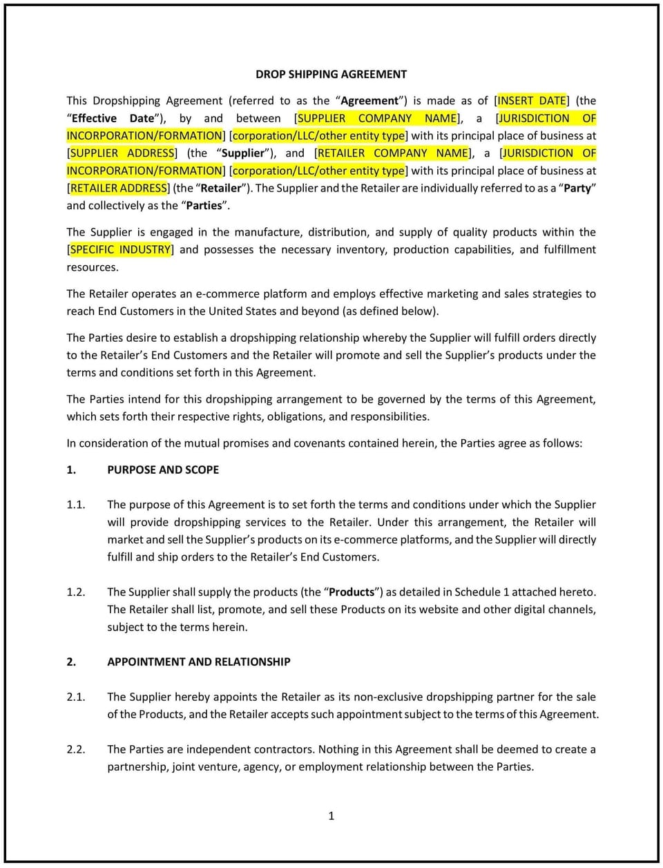 Drop Shipping Agreement (South Carolina): Free template