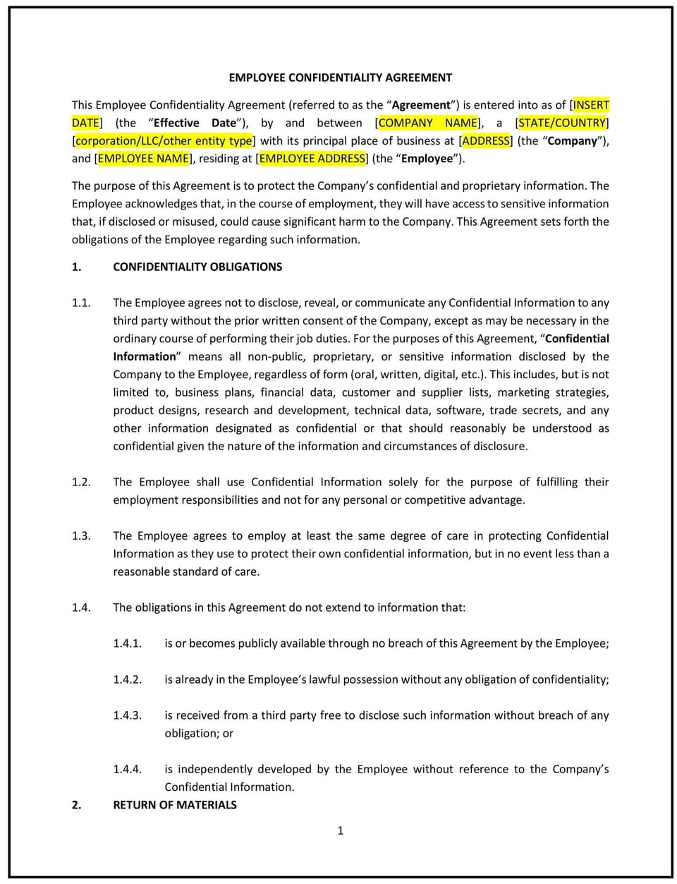 Employee Confidentiality Agreement (Rhode Island): Free template