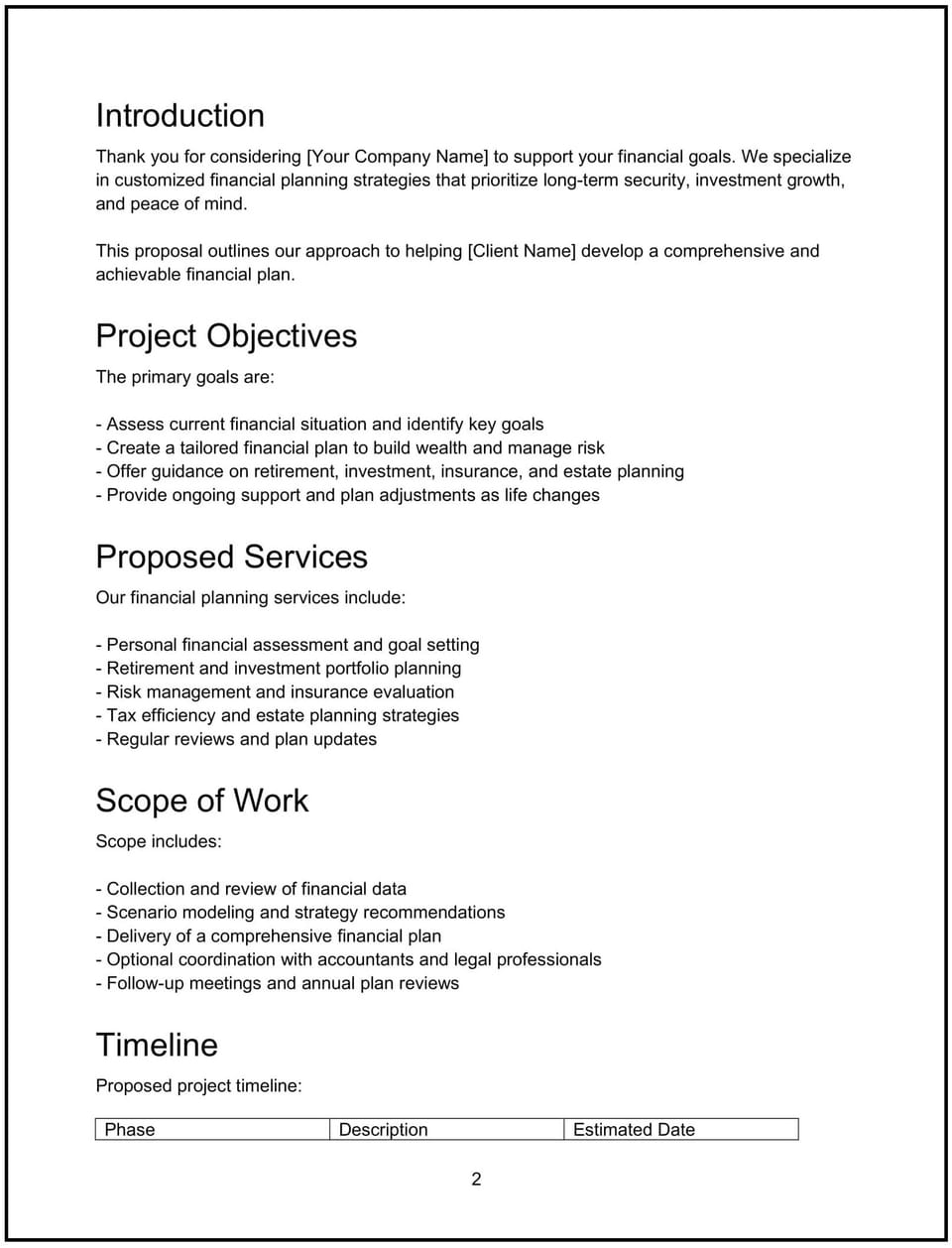 Financial planning proposal: Free template