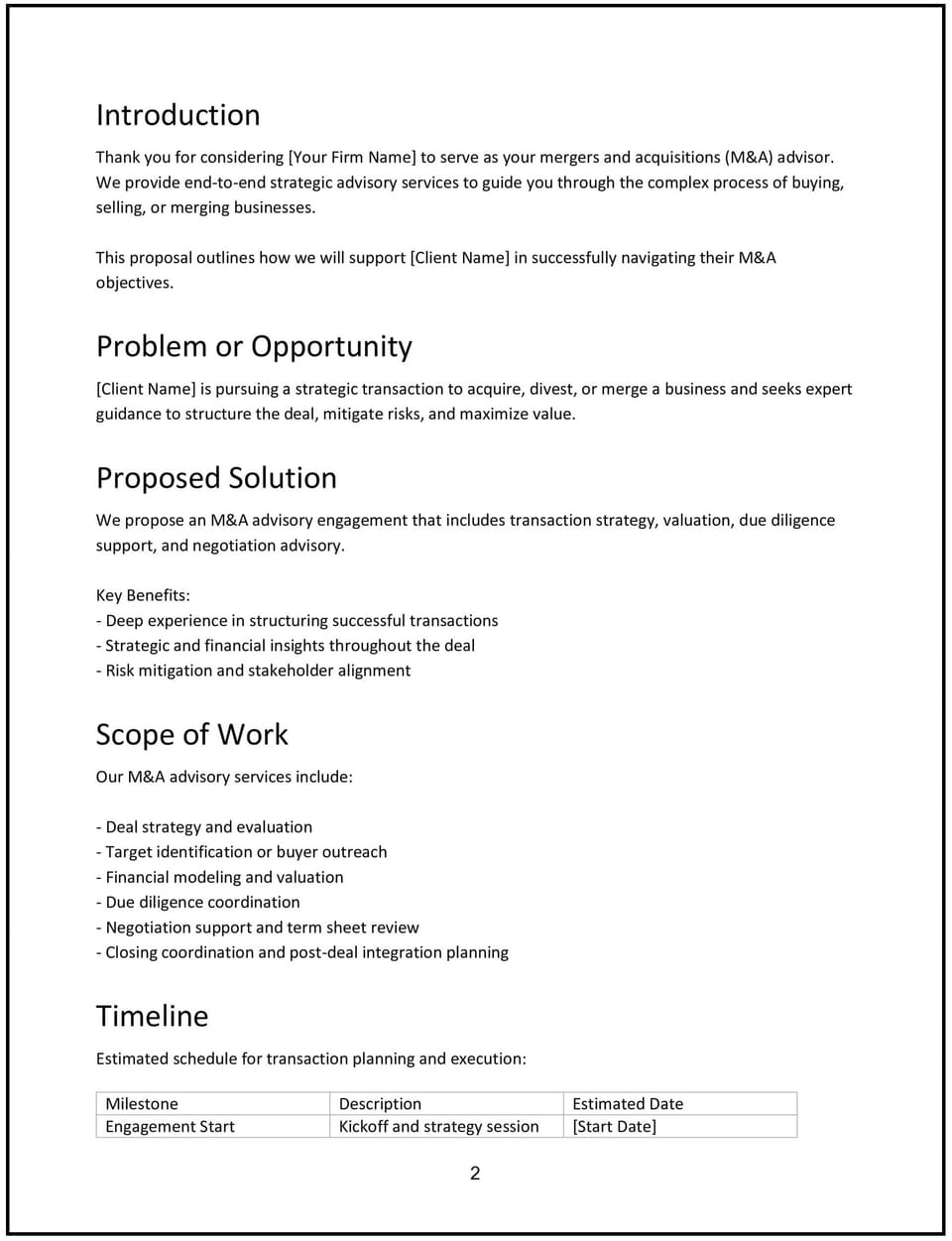 M&A advisory proposal: Free template