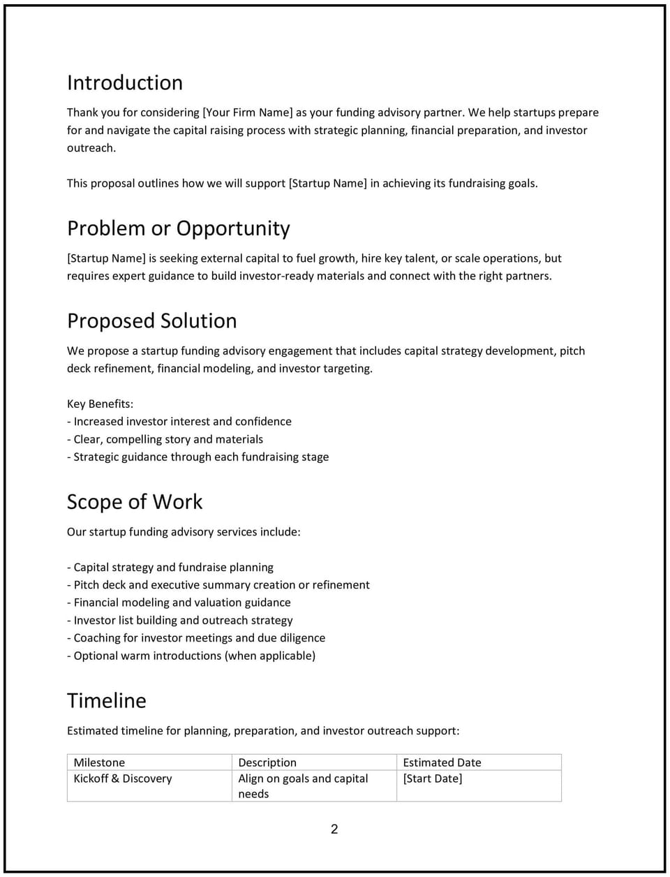 Startup funding advisory proposal: Free template