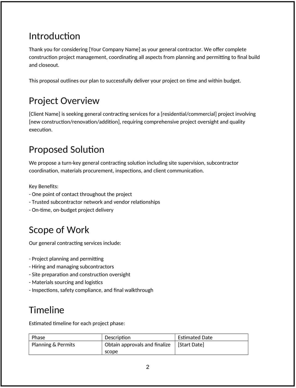 General contractor proposal: Free template