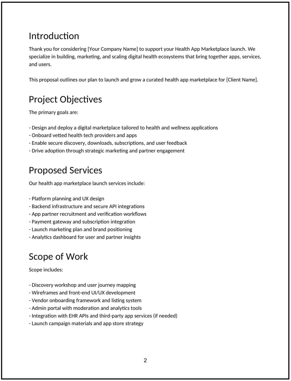 Health app marketplace launch proposal: Free template