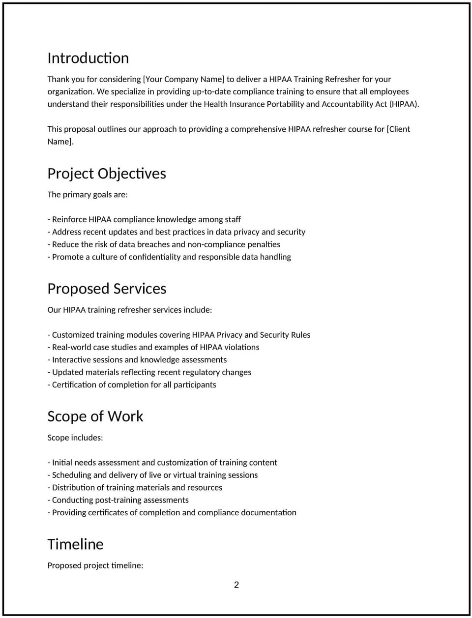 HIPAA training refresher proposal: Free template