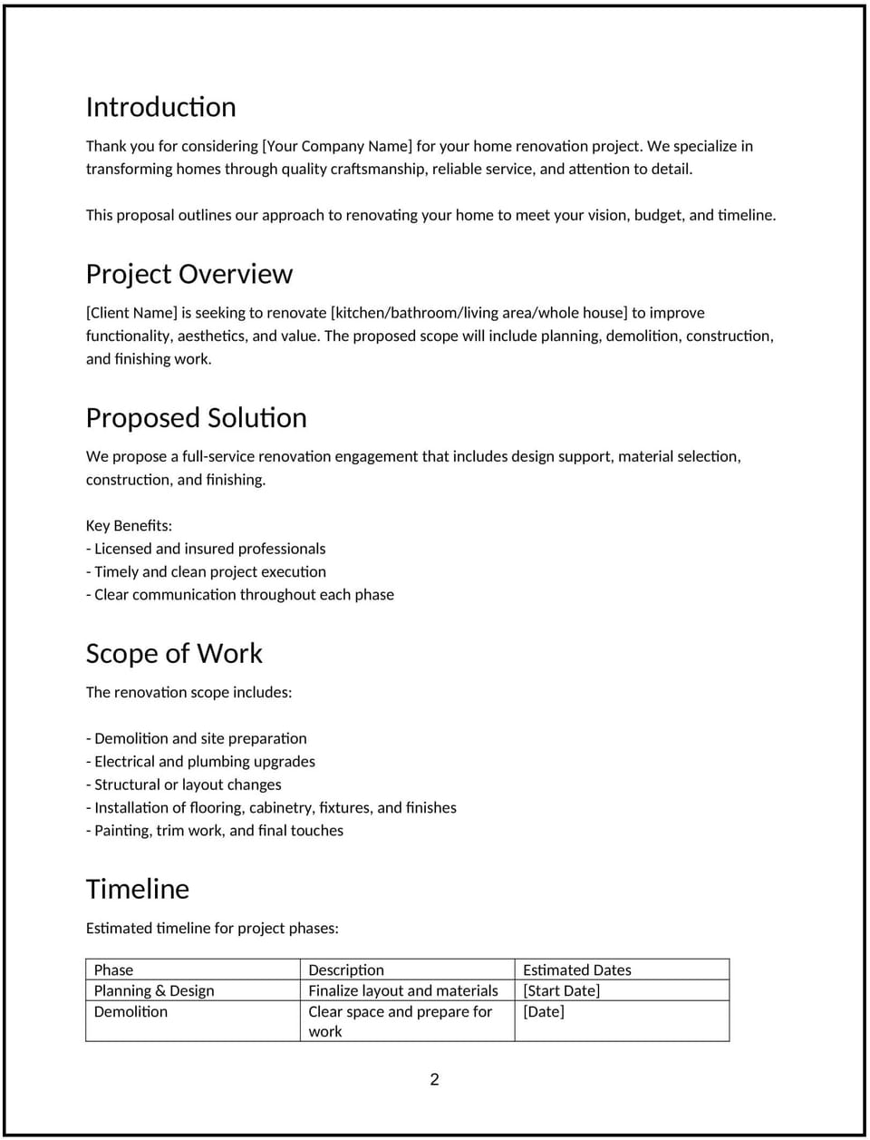 Home renovation proposal: Free template