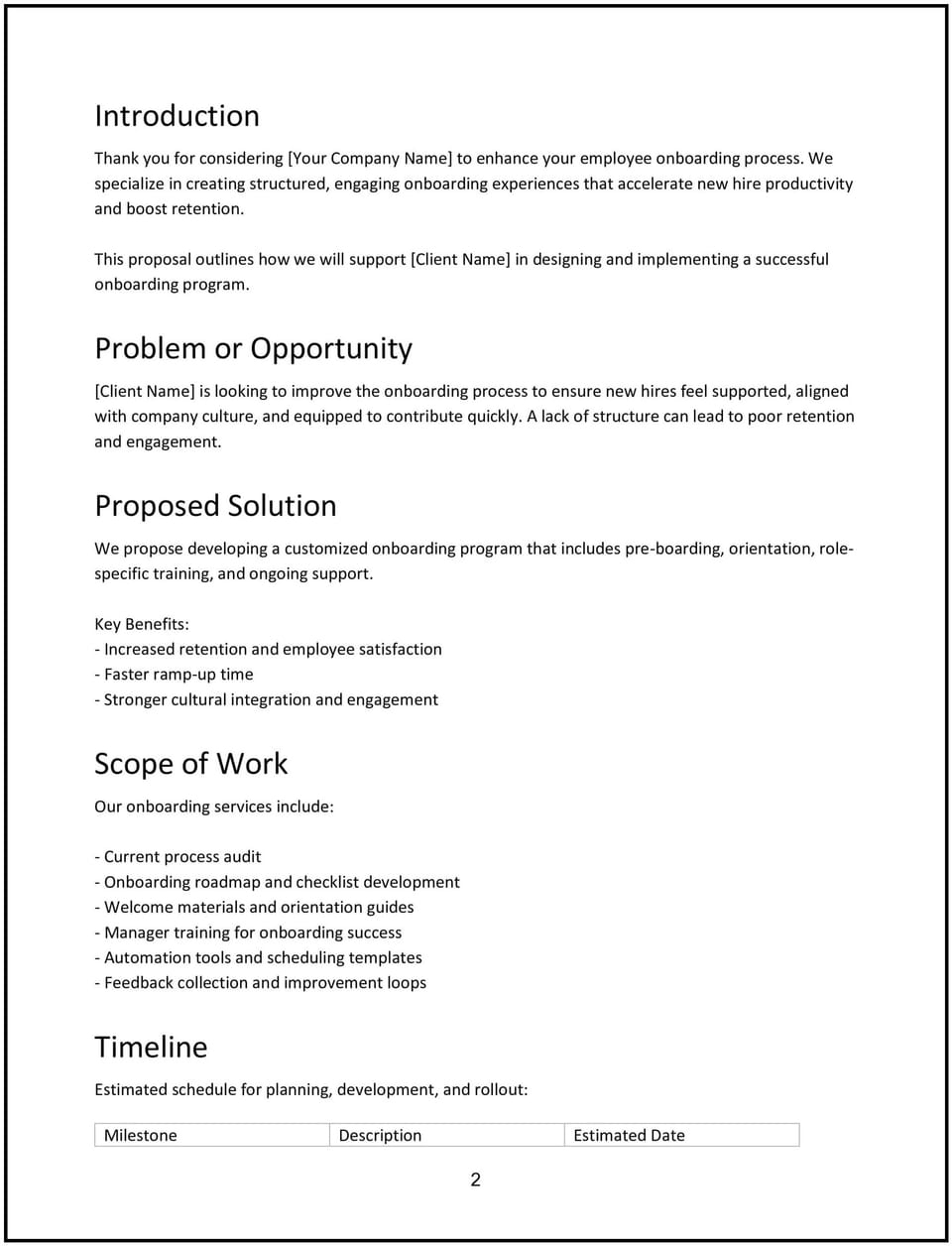 Employee onboarding proposal: Free template