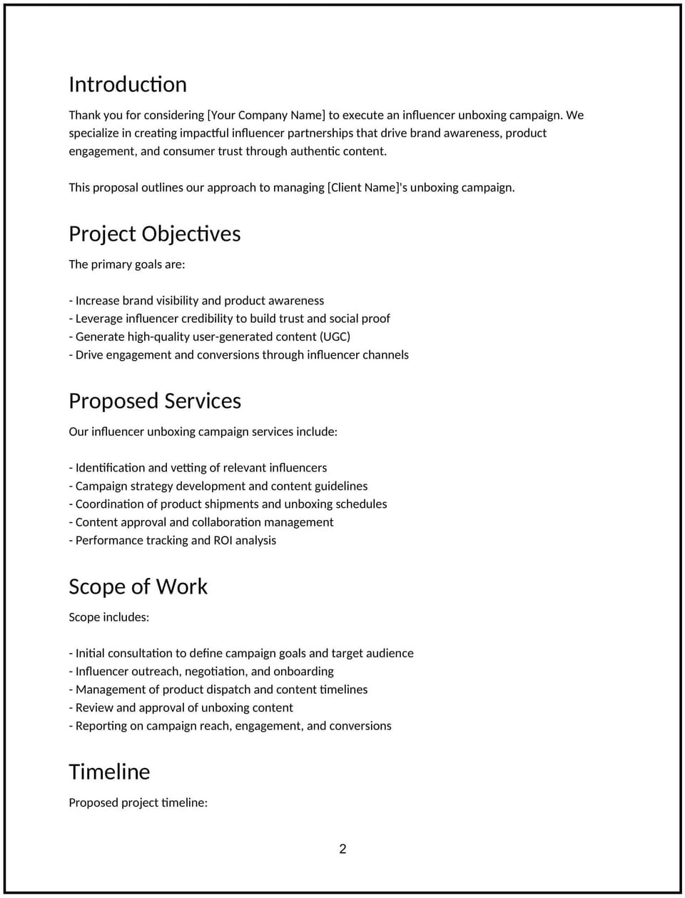 Influencer unboxing campaign proposal: Free template