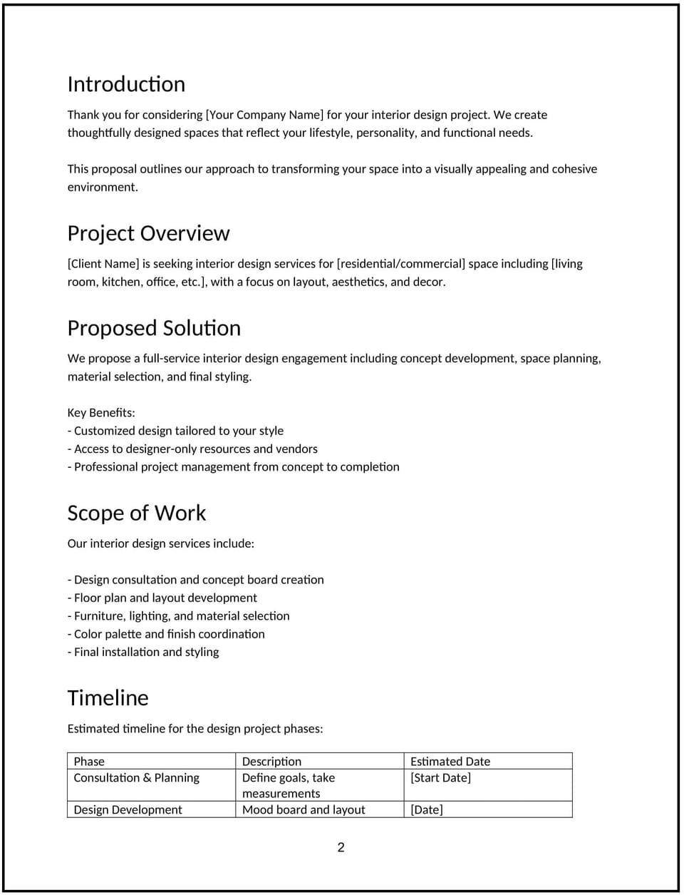 Interior design proposal: Free template