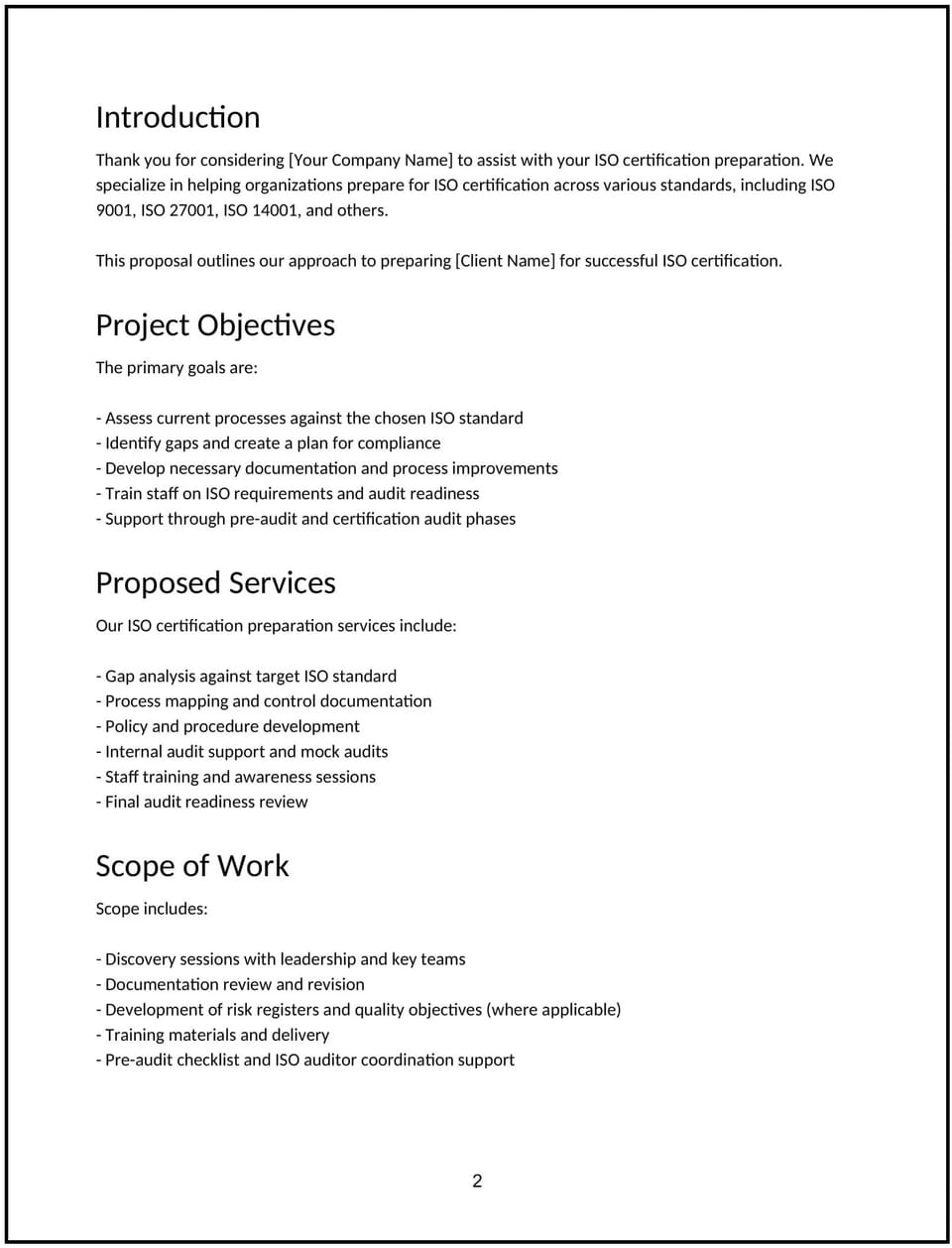 ISO certification preparation proposal: Free template