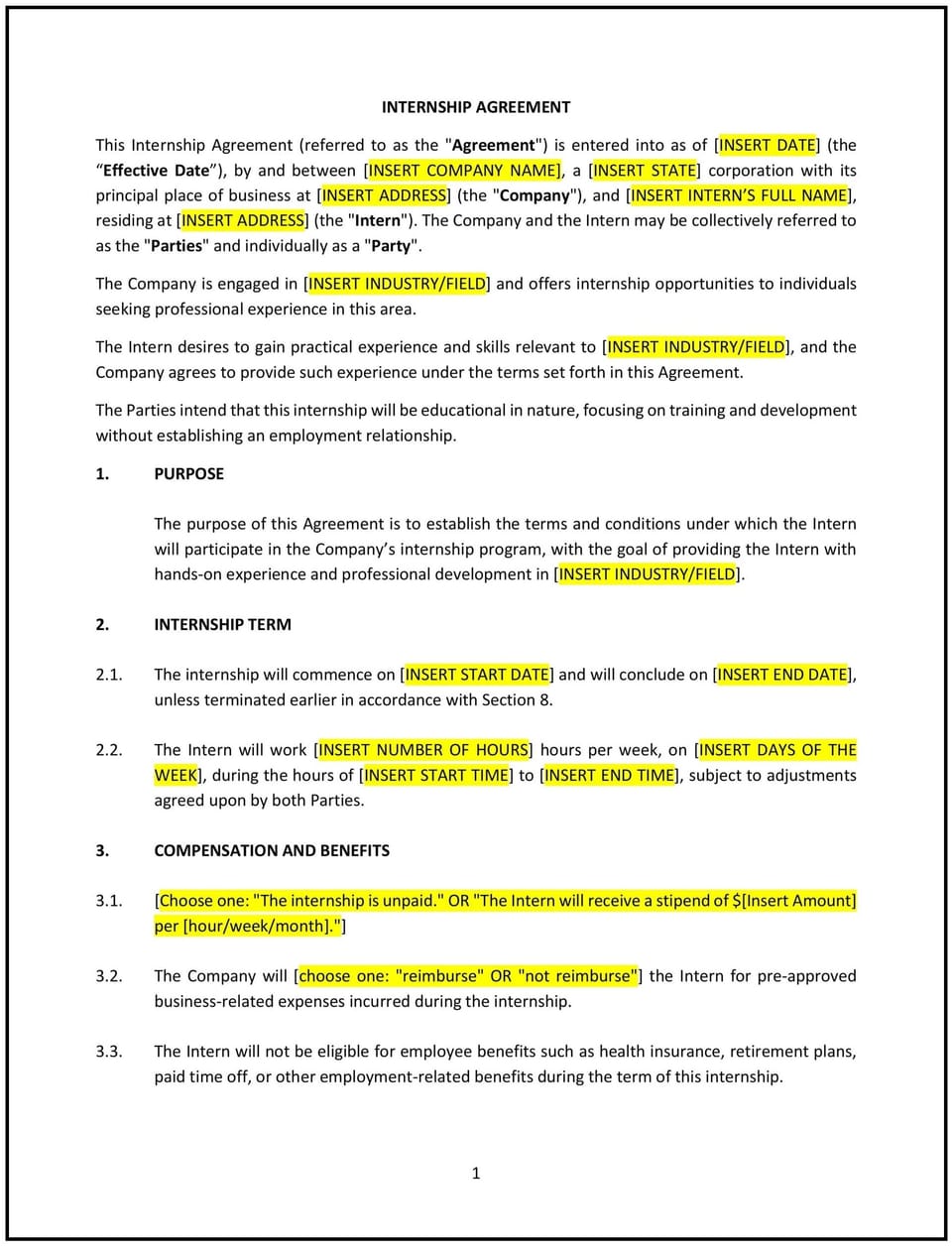 Internship Agreement (South Carolina): Free template