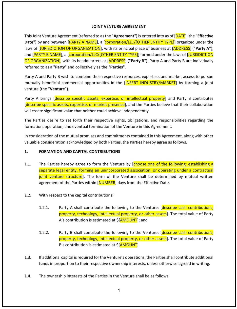 Joint Venture Agreement (New York): Free template