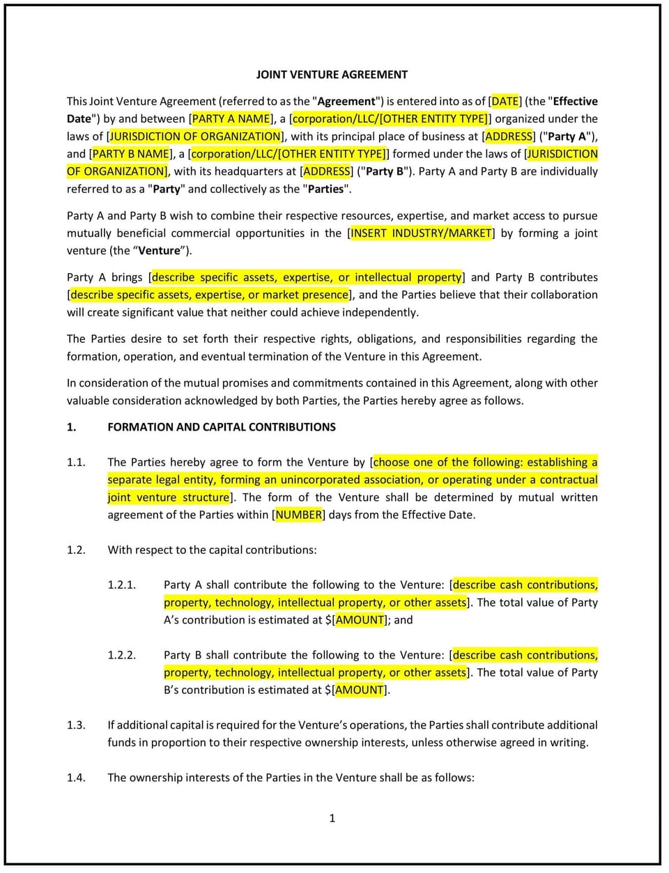 Joint Venture Agreement (Pennsylvania): Free template