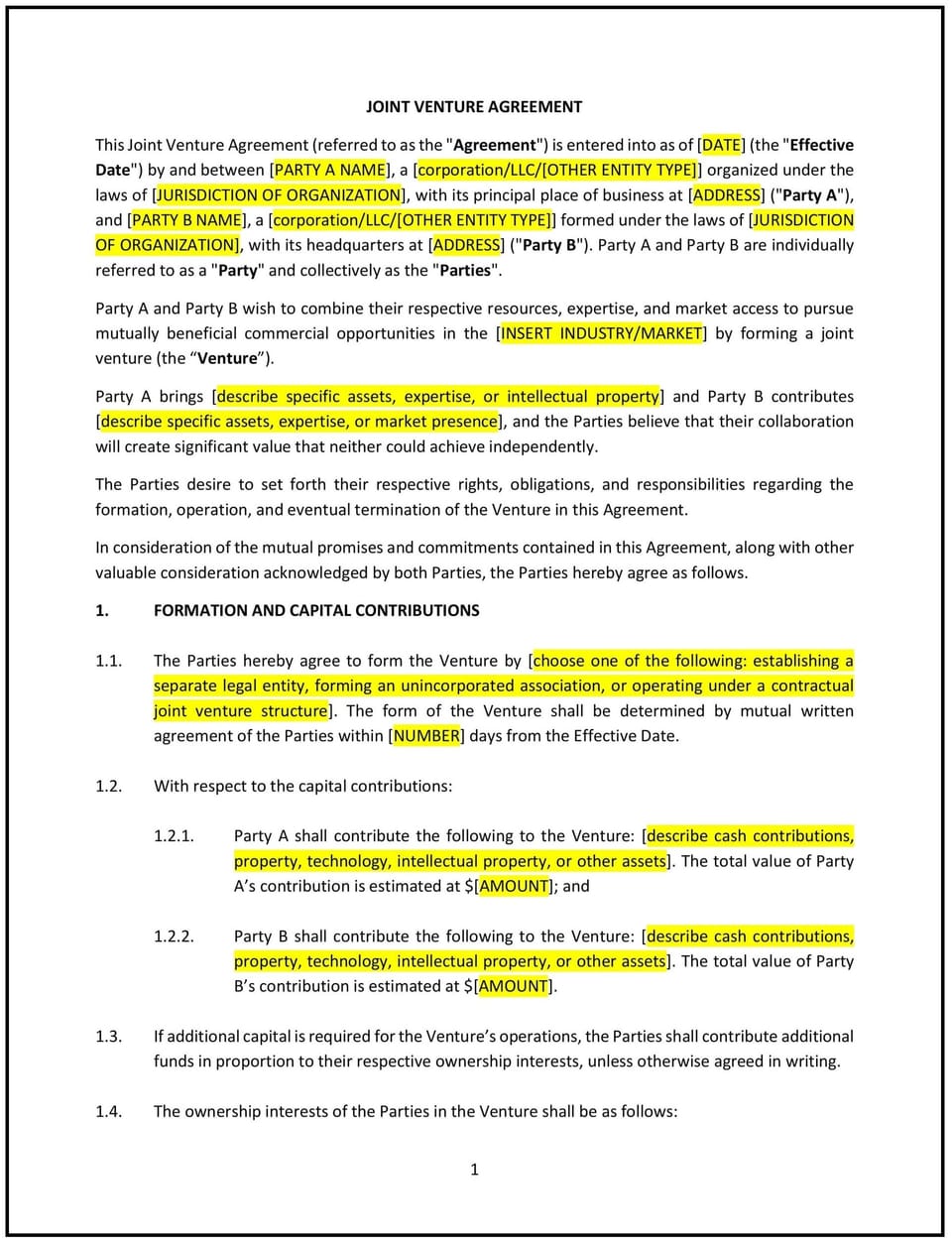 Joint Venture Agreement (South Carolina): Free template