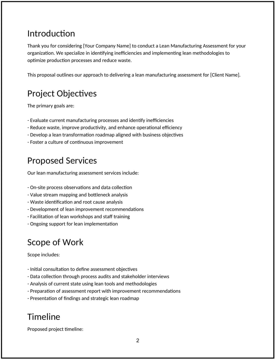 Lean manufacturing assessment proposal: Free template