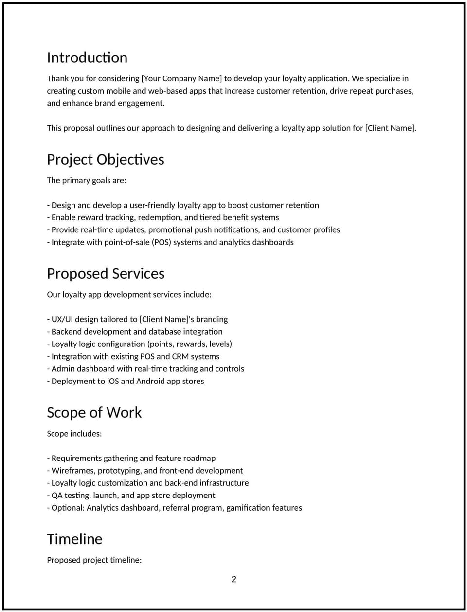 Loyalty app development proposal: Free template