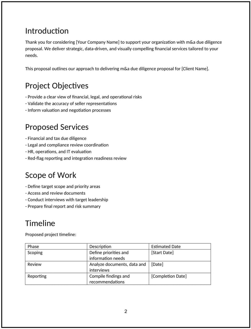 M&A due-diligence proposal: Free template