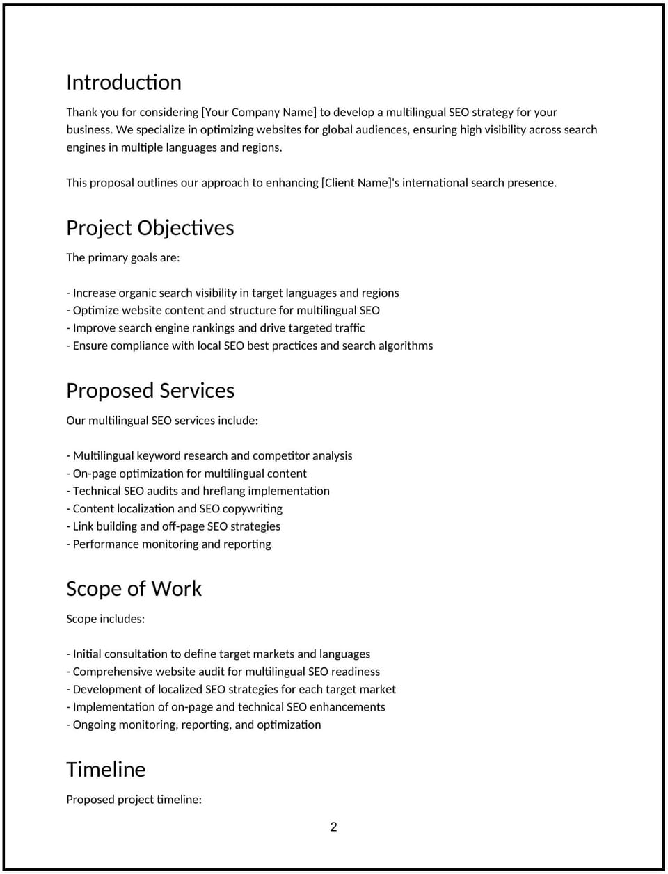 Multilingual SEO proposal: Free template