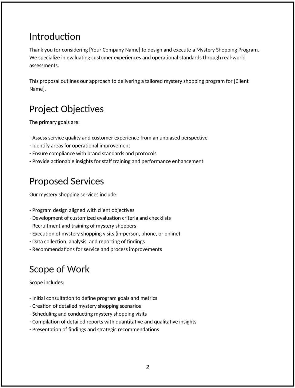 Mystery shopping program proposal: Free template