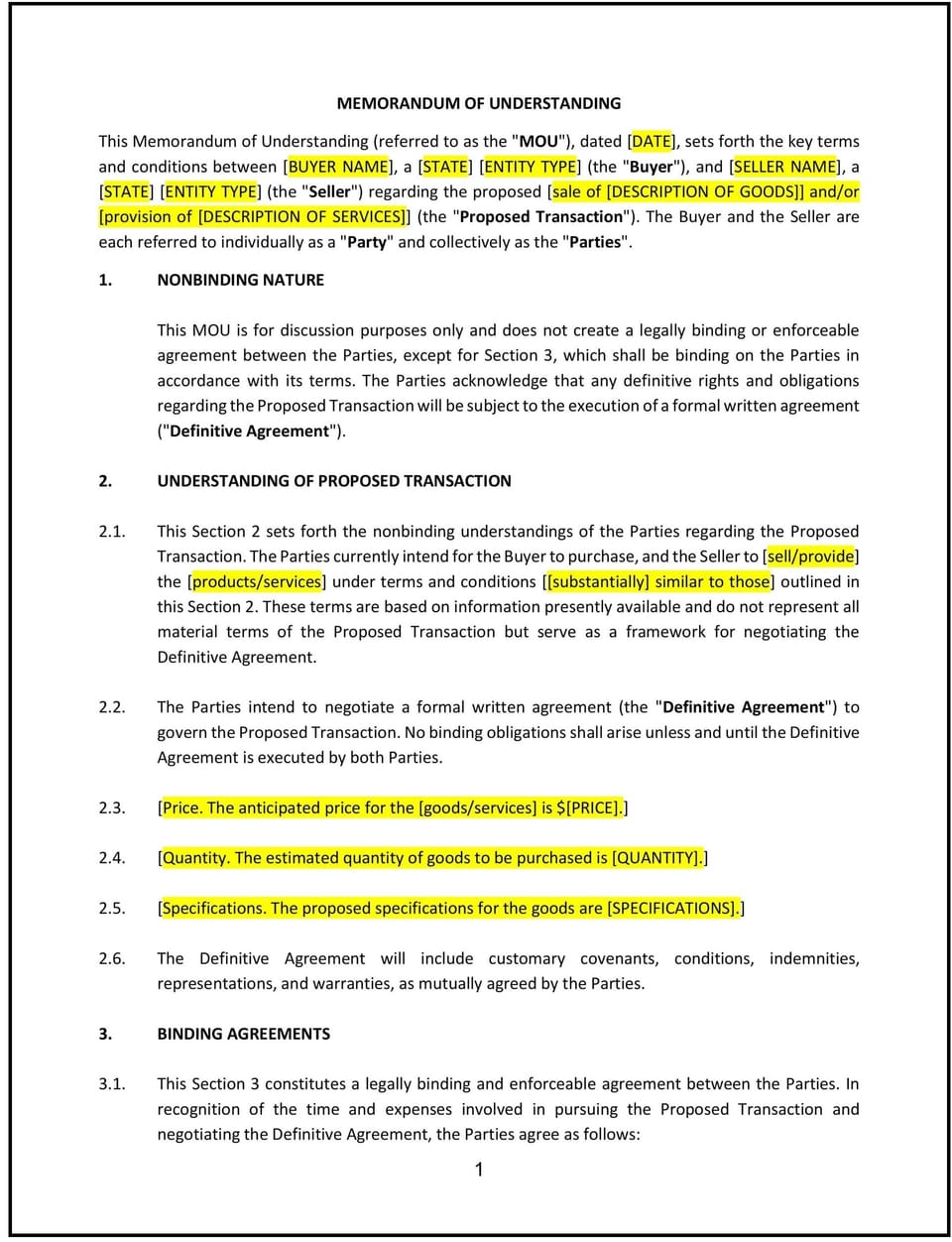 Memorandum of Understanding (MOU) (Michigan): Free template
